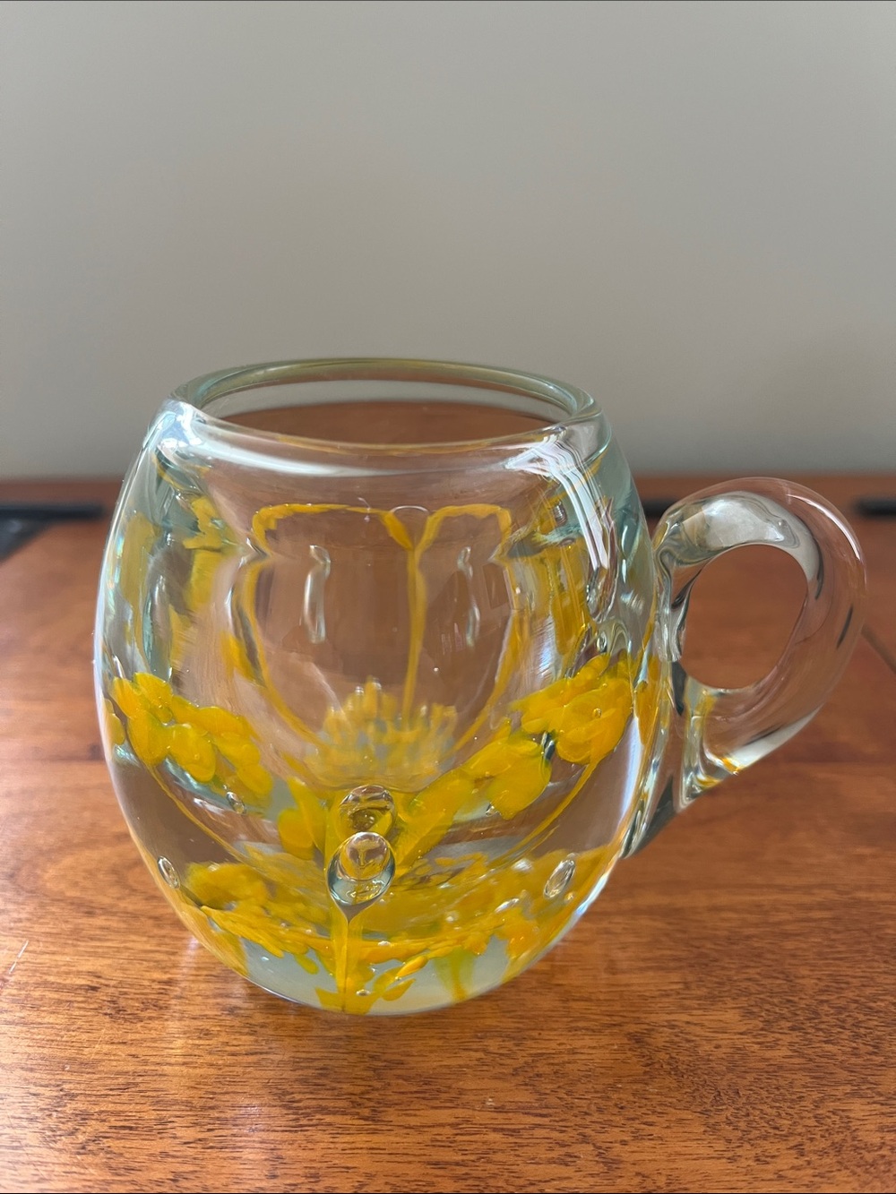 Artisan Handblown Glass Paper Weight with Yellow Swirl